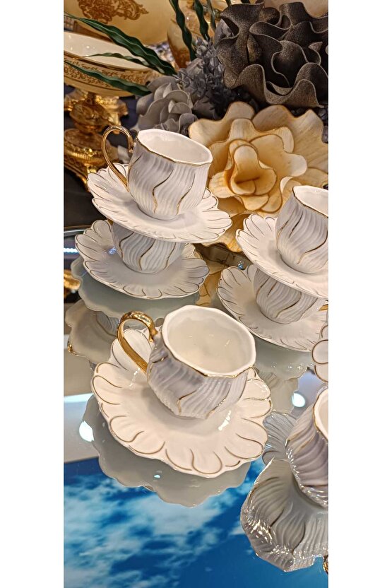 WHİTE PORSELEN GOLD KULPLU KAHVE FİNCAN TAKIMI