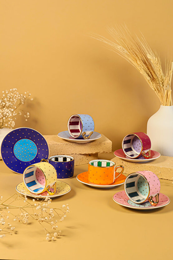 Puantiyeli Renkli 6 Kişilik 12 Parça Porselen Kahve Fincan Takımı Modern Desenli Lüks Tasarım