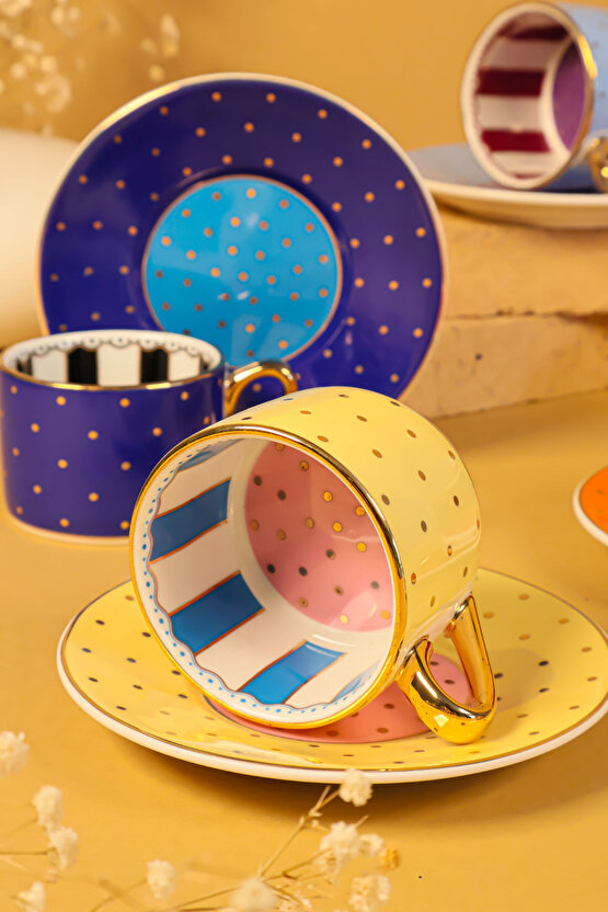 Puantiyeli Renkli 6 Kişilik 12 Parça Porselen Kahve Fincan Takımı Modern Desenli Lüks Tasarım