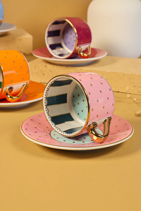 Puantiyeli Renkli 6 Kişilik 12 Parça Porselen Kahve Fincan Takımı Modern Desenli Lüks Tasarım
