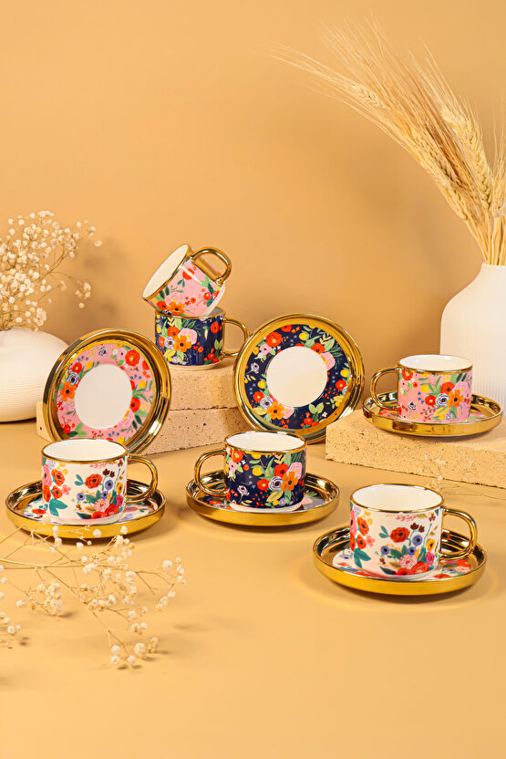 6 Kişilik 12 Parça Renkli Çiçek Desenli Porselen Kahve Fincan Takımı – Lüks ve Modern Tasarım