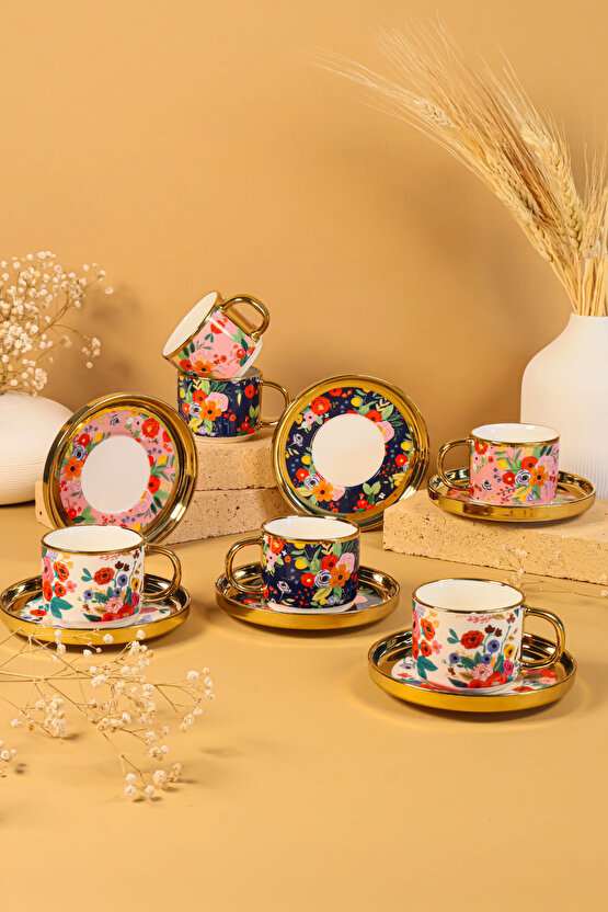 6 Kişilik 12 Parça Renkli Çiçek Desenli Porselen Kahve Fincan Takımı – Lüks ve Modern Tasarım