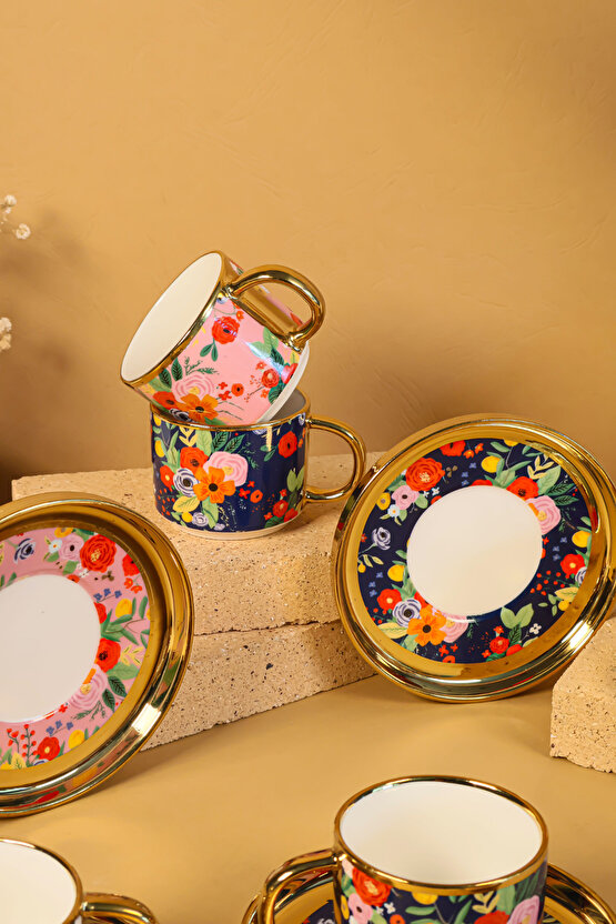 6 Kişilik 12 Parça Renkli Çiçek Desenli Porselen Kahve Fincan Takımı – Lüks ve Modern Tasarım