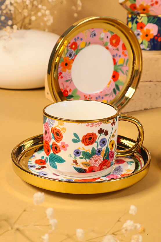 6 Kişilik 12 Parça Renkli Çiçek Desenli Porselen Kahve Fincan Takımı – Lüks ve Modern Tasarım