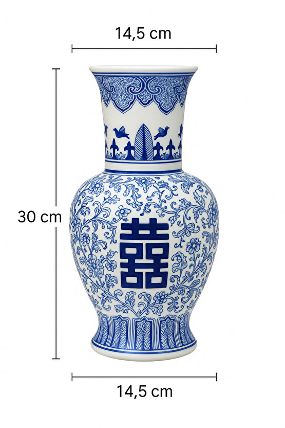 Çin Desenli Porselen Vazo – Mavi Beyaz Dekoratif Obje 30 cm