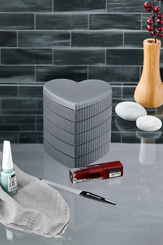 Çizgili Desenli Kalpli Mina 5 Katlı Aynalı Takı Organizeri Gri Renk - Aynalı Takı Organizeri