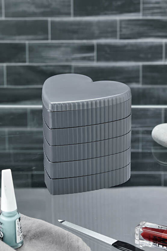 Çizgili Desenli Kalpli Mina 5 Katlı Aynalı Takı Organizeri Gri Renk - Aynalı Takı Organizeri