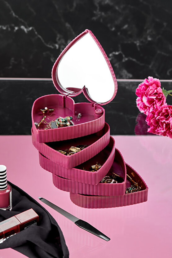 5 Katlı Aynalı Kalp 360 Derece Dönebilen Takı Organizer Kutusu