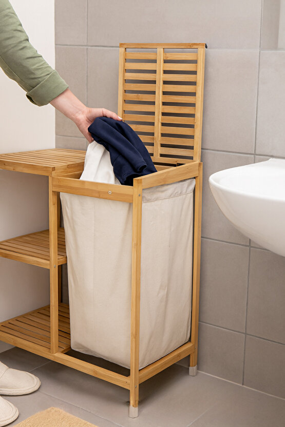 Bambu 3 Raflı Kirli Çamaşır Sepeti | Kapaklı & Kumaş Torbalı Doğal Ahşap Banyo Düzenleyici