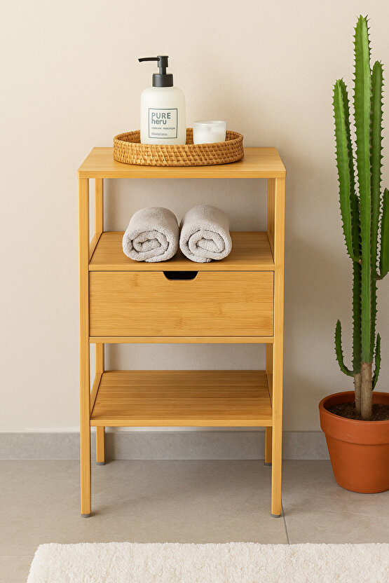 Doğal Bambu Çekmeceli Çok Amaçlı Raf Komodin – Banyo & Ev Düzenleyici Dolap Şifonyer
