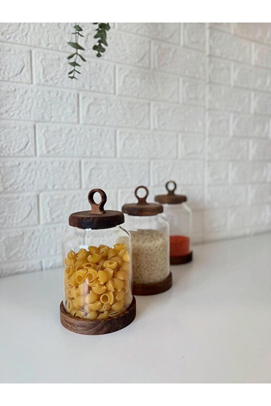 Rustik Ahşap Kapaklı Cam Kavanoz Seti 3’lü – Makarna, Pirinç, Mercimek Saklama
