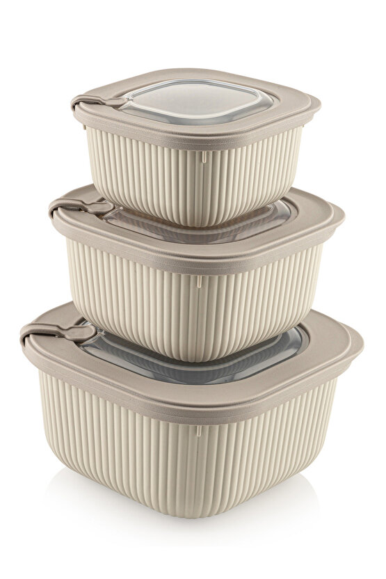 3lü Mikrodalga Ve Difrize Uygun Vip Kapaklı Özel Saklama Kabı Seti Bej