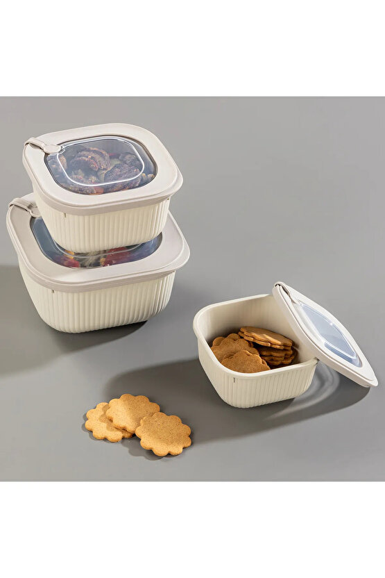 3lü Mikrodalga Ve Difrize Uygun Vip Kapaklı Özel Saklama Kabı Seti Bej