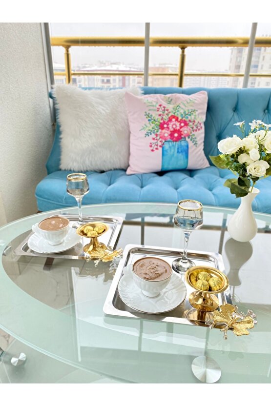 Lüx Kelebek Aksesuarlı Paslanmaz Çelik Kare Gümüş Kahve, Çay, Dekoratif Sunum Servis Tepsisi