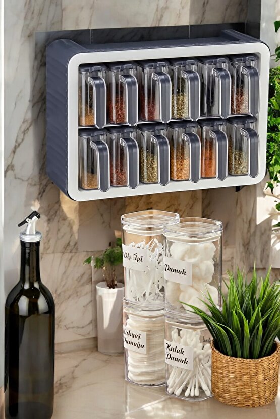 12li Standlı Kendinden Yapışkanlı Kapaklı Kaşıklı Baharatlık Takımı Ve 4lü Şeffaf Kapaklı Banyo Seti