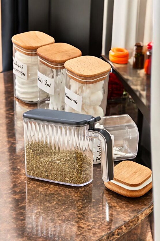 12 li Standlı Kendinden Yapışkanlı Kapaklı Kaşıklı Baharatlık Takımı Ve 4lü Ahşap Kapaklı Banyo Seti
