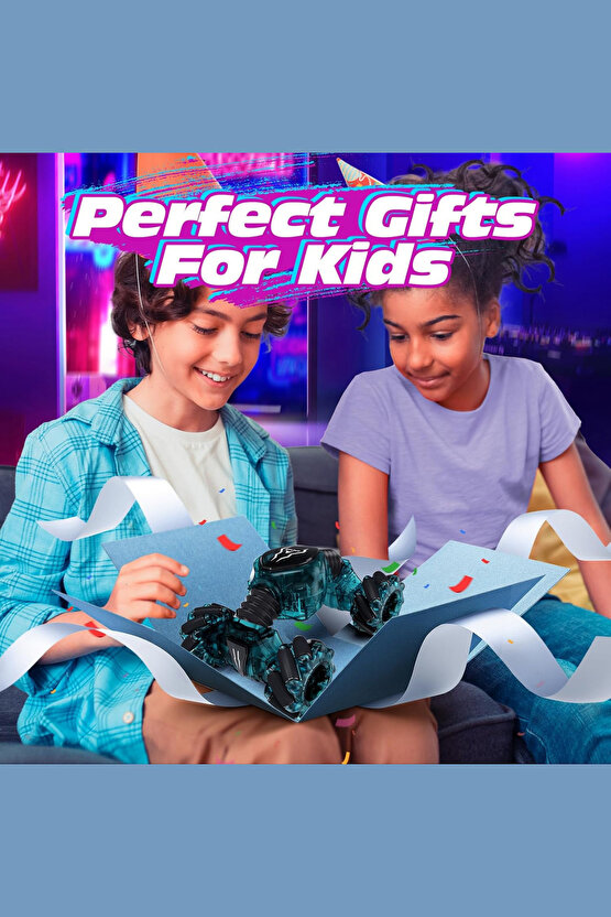 Oyuncak 2.4 GHz Bilekten ve Uzaktan Kumandalı Işıklı 4X4 Çift Kumandalı Akrobat Araba Şeffaf Model