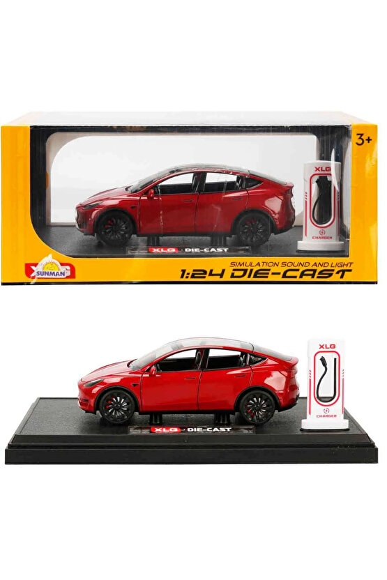 Die Cast Koleksiyonluk 1:24 Ölçek Tesla Model Y Metal Araba Şarj İstasyonu Dahil Sesli Işıklı