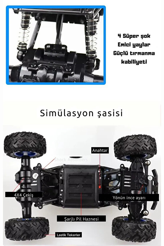 Oyuncak 4x4 Uzaktan Kumandalı Şarjlı Rock Crawler Büyük Teker Gerçekçi Araba 1:16 Ölçek