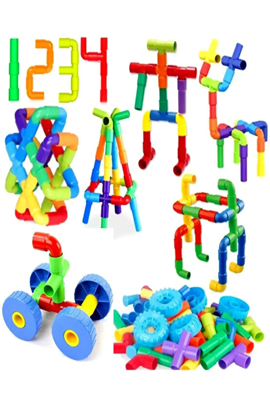Boru Lego 72 Parça Tekerlekli Boru Blok Seti Boru Zeka Eğitici Bloklar Motor Beceri Kordinasyon