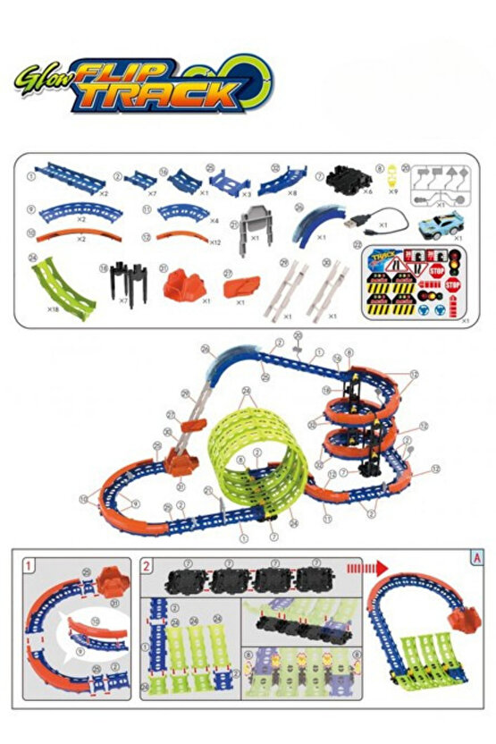 Oyuncak Şarjlı Kendin Yap Çılgın 360 Derece Neon Renkli Parkur Süper Hızlı Araba