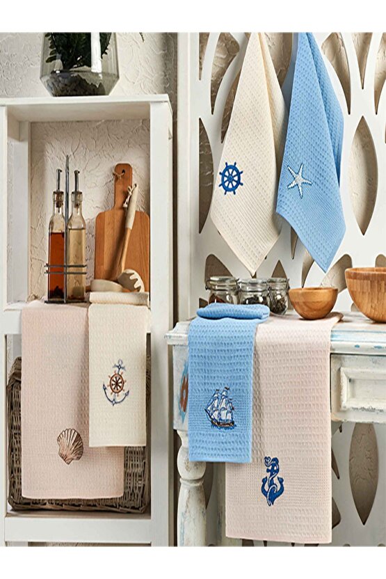 6 Parça %100 Pamuk 40 x 60cm Deniz Desenli Mutfak Havlusu Seti Mutfak Kurulama Bezi Seti