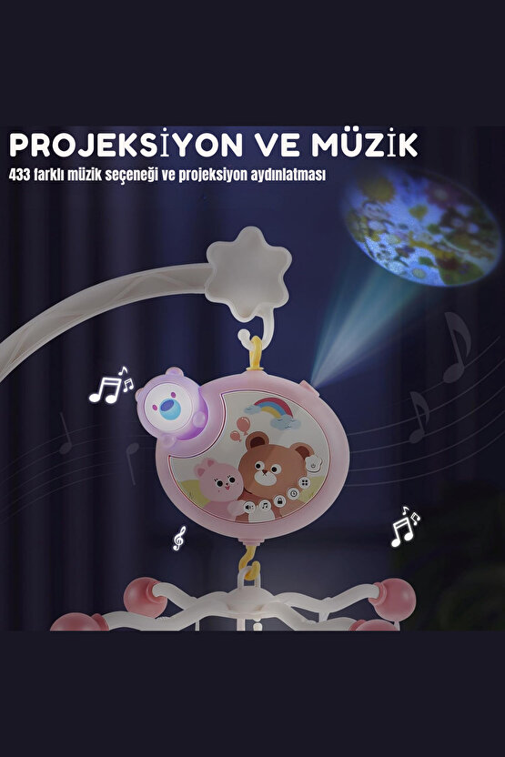 Pilli Işıklı Müzikli Projektörlü Kumandalı Sabitlemeli Dönence Çıngıraklı Bebek Yatıştırıcı Dönence