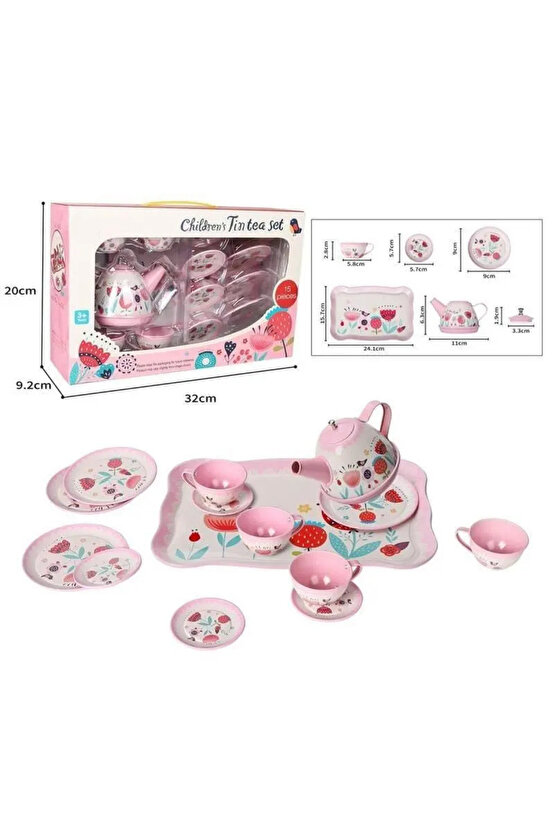 Oyuncak Evcilik Oyunu Aktivite 15 Parça Çiçekli Renkli Metal Çay Seti