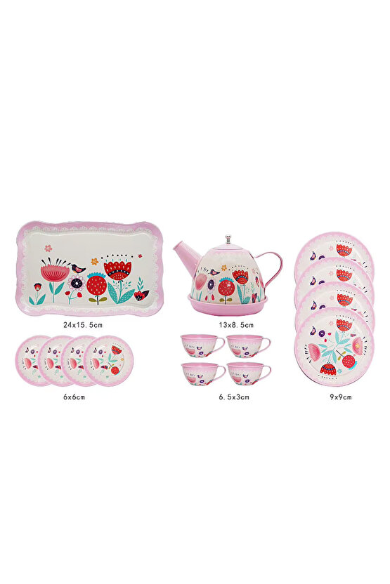 Oyuncak Evcilik Oyunu Aktivite 15 Parça Çiçekli Renkli Metal Çay Seti