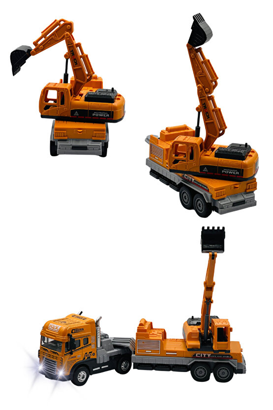 Oyuncak Kutulu İş Makinesi Sesli Işıklı Çek Bırak Metal Vinç, Beton Mikseri, Kamyon, Kepçe 30 Cm