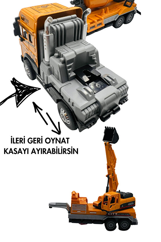 Oyuncak Kutulu İş Makinesi Sesli Işıklı Çek Bırak Metal Vinç, Beton Mikseri, Kamyon, Kepçe 30 Cm
