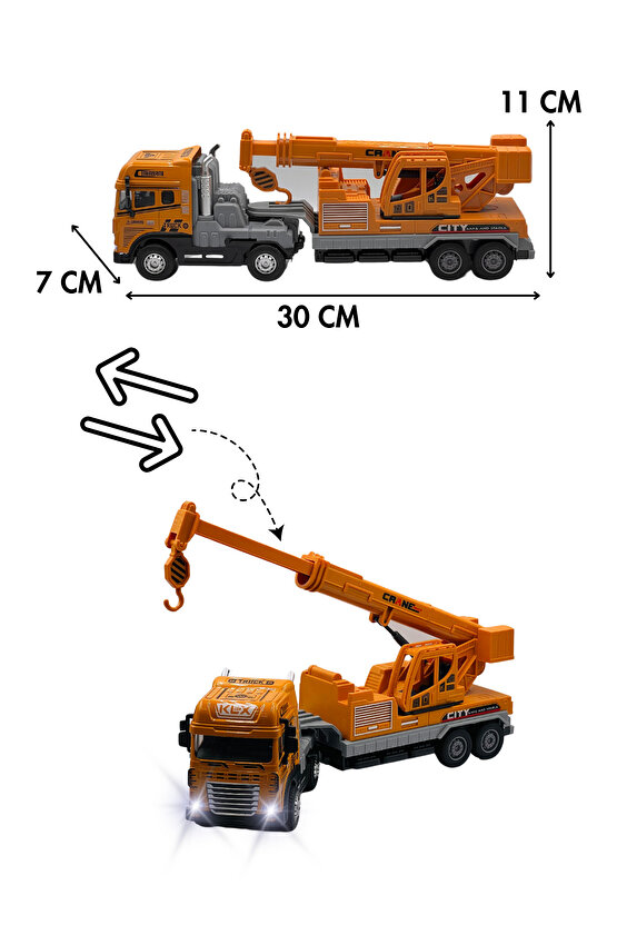 Oyuncak Kutulu İş Makinesi Sesli Işıklı Çek Bırak Metal Vinç, Beton Mikseri, Kamyon, Kepçe 30 Cm