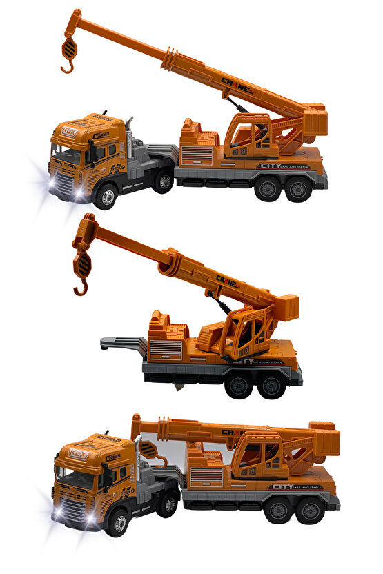 Oyuncak Kutulu İş Makinesi Sesli Işıklı Çek Bırak Metal Vinç, Beton Mikseri, Kamyon, Kepçe 30 Cm