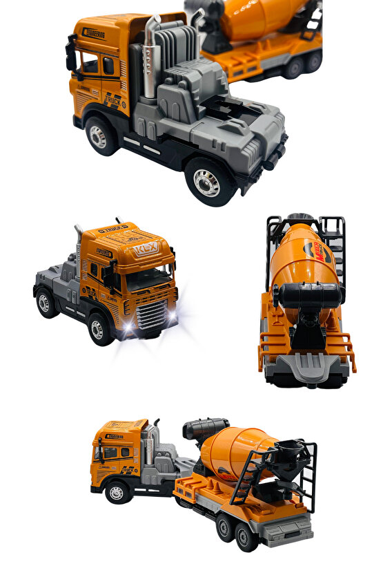 Oyuncak Kutulu İş Makinesi Sesli Işıklı Çek Bırak Metal Vinç, Beton Mikseri, Kamyon, Kepçe 30 Cm