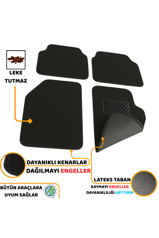 Oto Paspas Halı Lateks Kaymaz Taban Yıkanabilir Silinebilir Tüm Araç Modellere Uyumlu Siyah 4 Parça