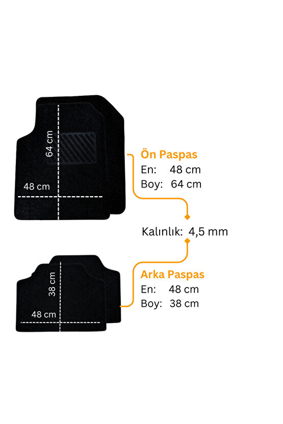 Oto Paspas Halı Lateks Kaymaz Taban Yıkanabilir Silinebilir Tüm Araç Modellere Uyumlu Siyah 4 Parça