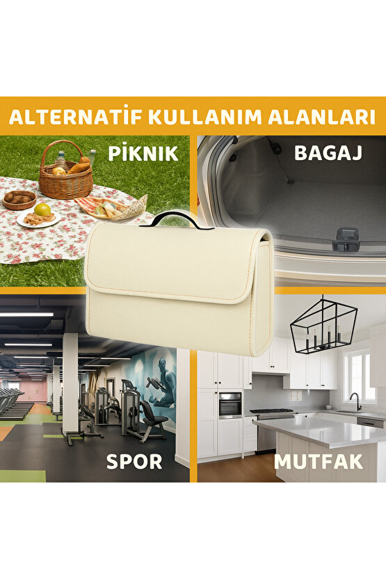Beylini Premium Keçe Araç Bagaj Organizeri Suya Dayanıklı Pratik Taşınabilir Katlanabilir Bej
