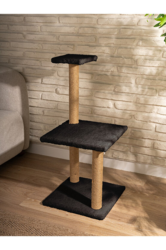 3Lü Kedi Tırmalama Tahtası Peluş Kumaş Demonte 84 cm Yükseklik 3 Adımlı Zıplama Oyunu (Siyah)