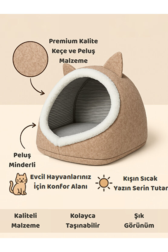 Evi Köpek Evi Evcil Hayvan Yatağı Katlanabilir Keçe Yuva Kulübe Dekoratif Krem Renk 40