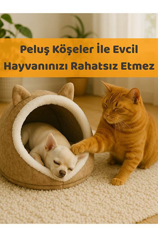 Evi Köpek Evi Evcil Hayvan Yatağı Katlanabilir Keçe Yuva Kulübe Dekoratif Krem Renk 40