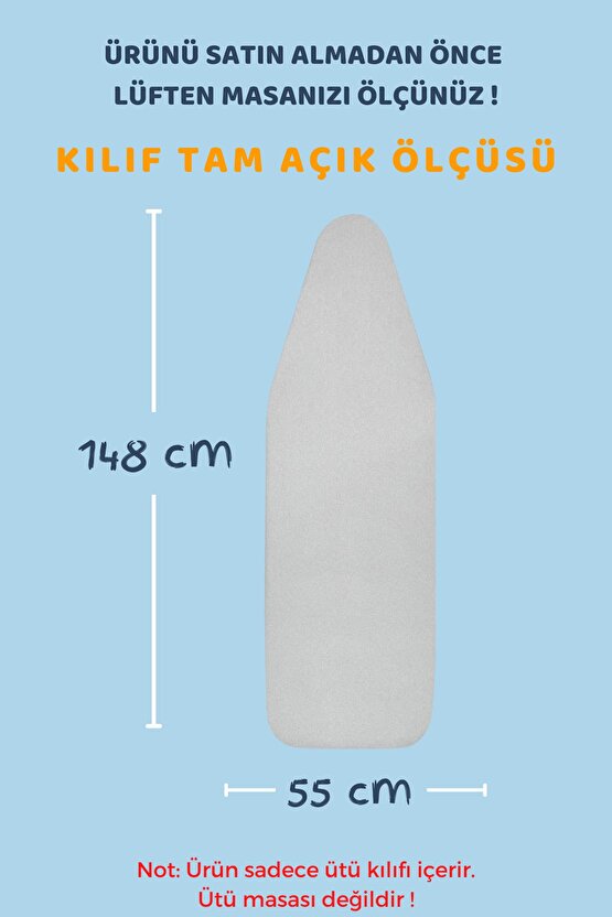 Ütü Masası Kılıfı Örtüsü Bezi, Keçeli,süngerli,lastikli Yanmaz Ayarlanabilir 55x148 Cm Gri