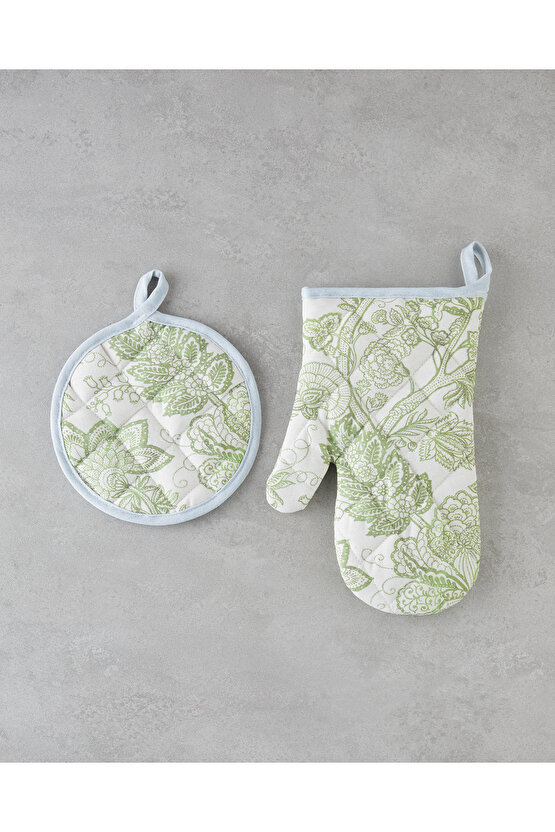 Greenery Pamuk Polyester 2 Parça Mutfak Seti 17x30 cm+20x20 cm Beyaz - Yeşil