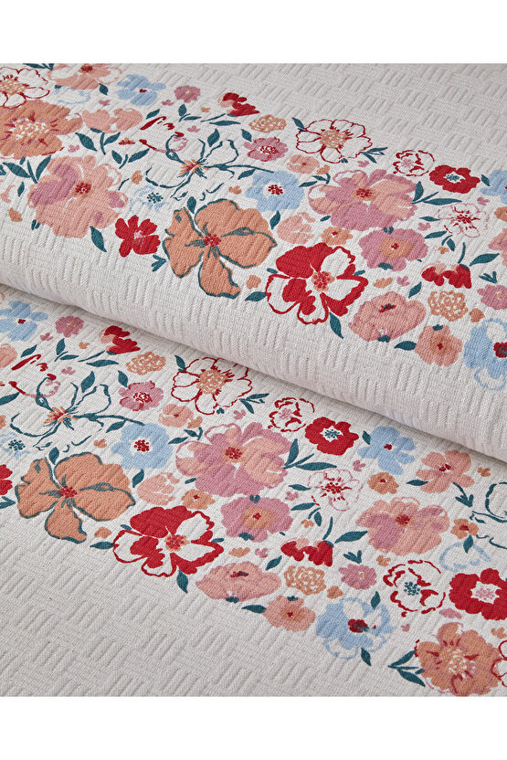Vintage Floral Baskılı Pamuklu Tek Kişilik Pike 150x220 cm Somon