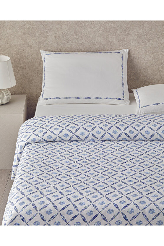 Sea Shell Baskılı Tek Kişilik Pike Takımı 150x220 cm Mavi