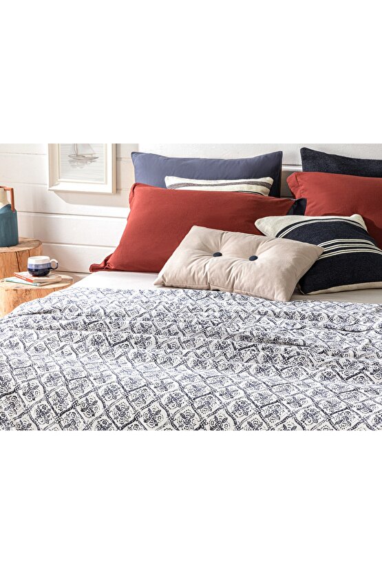 Gem Roses Baskılı Çift Kişilik Pike 200x220 cm Indigo