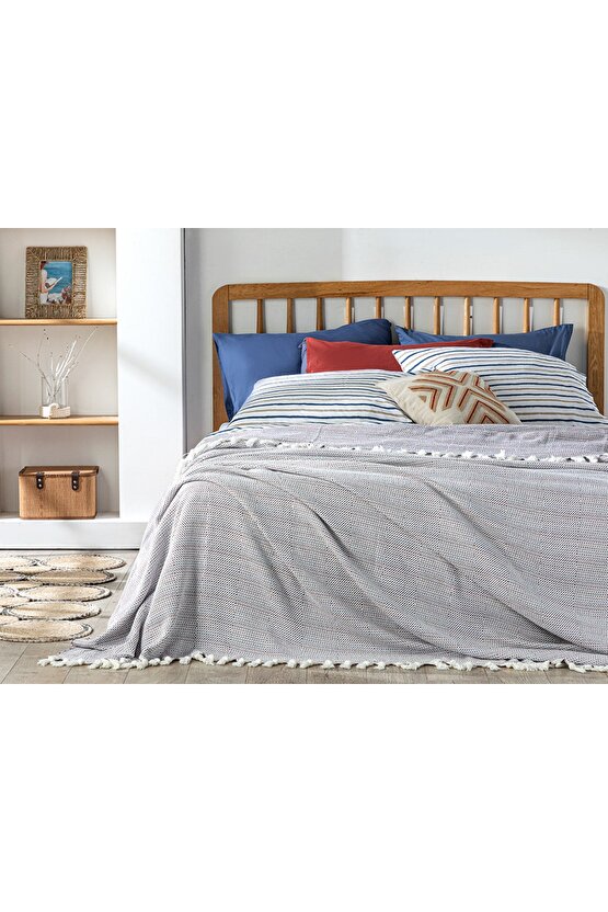 Triago Dokuma Tek Kişilik Yatak Örtüsü 160x240 Cm Lacivert- Terracotta