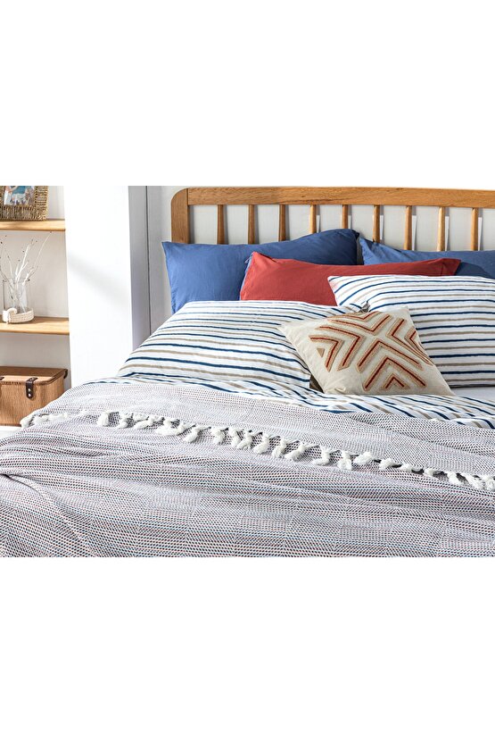 Triago Dokuma Tek Kişilik Yatak Örtüsü 160x240 Cm Lacivert- Terracotta