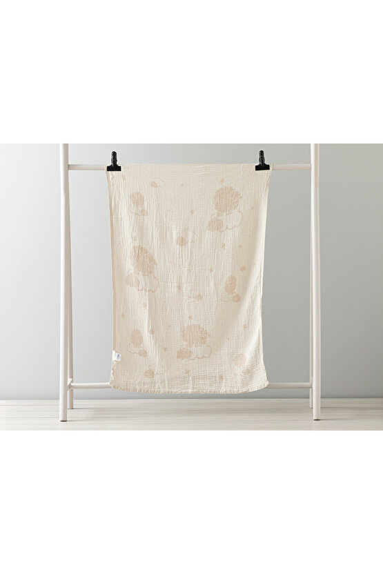 Pamuk Kuzu Pamuk Unisex Bebe Battaniye 80x120 Cm Bej Ekru Hayvan Desenli 90 x 120