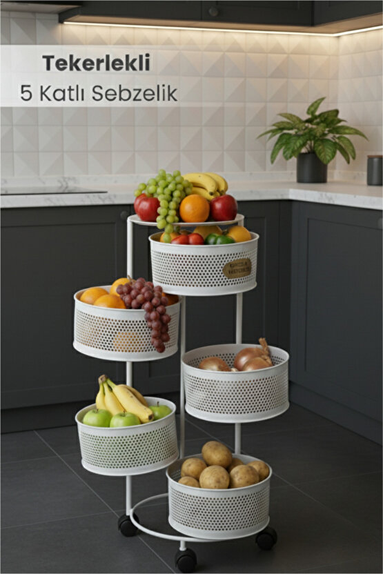 5 Katlı Tekerlekli Tepsili Metal Sebzelik Açılır Patates Soğan Meyvelik Sepeti Raf BEYAZ