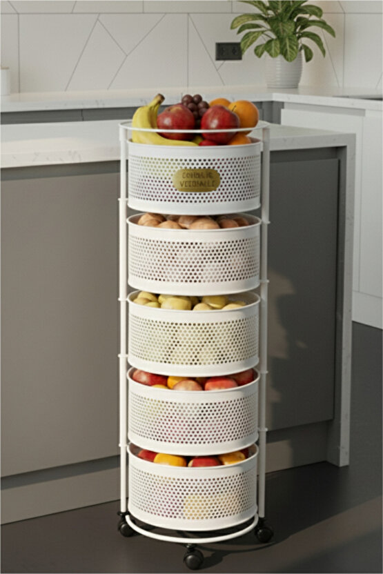 5 Katlı Tekerlekli Tepsili Metal Sebzelik Açılır Patates Soğan Meyvelik Sepeti Raf BEYAZ